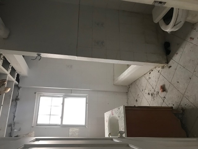 Bathroom before — ceiling opened, old tile and fixtures